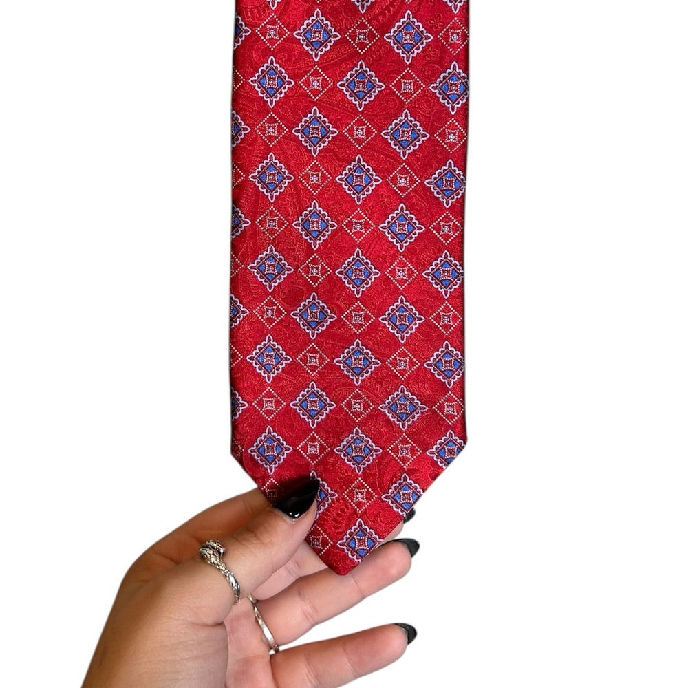 Robert Talbott 100% Silk Red Blue Geometric Pattern Tie